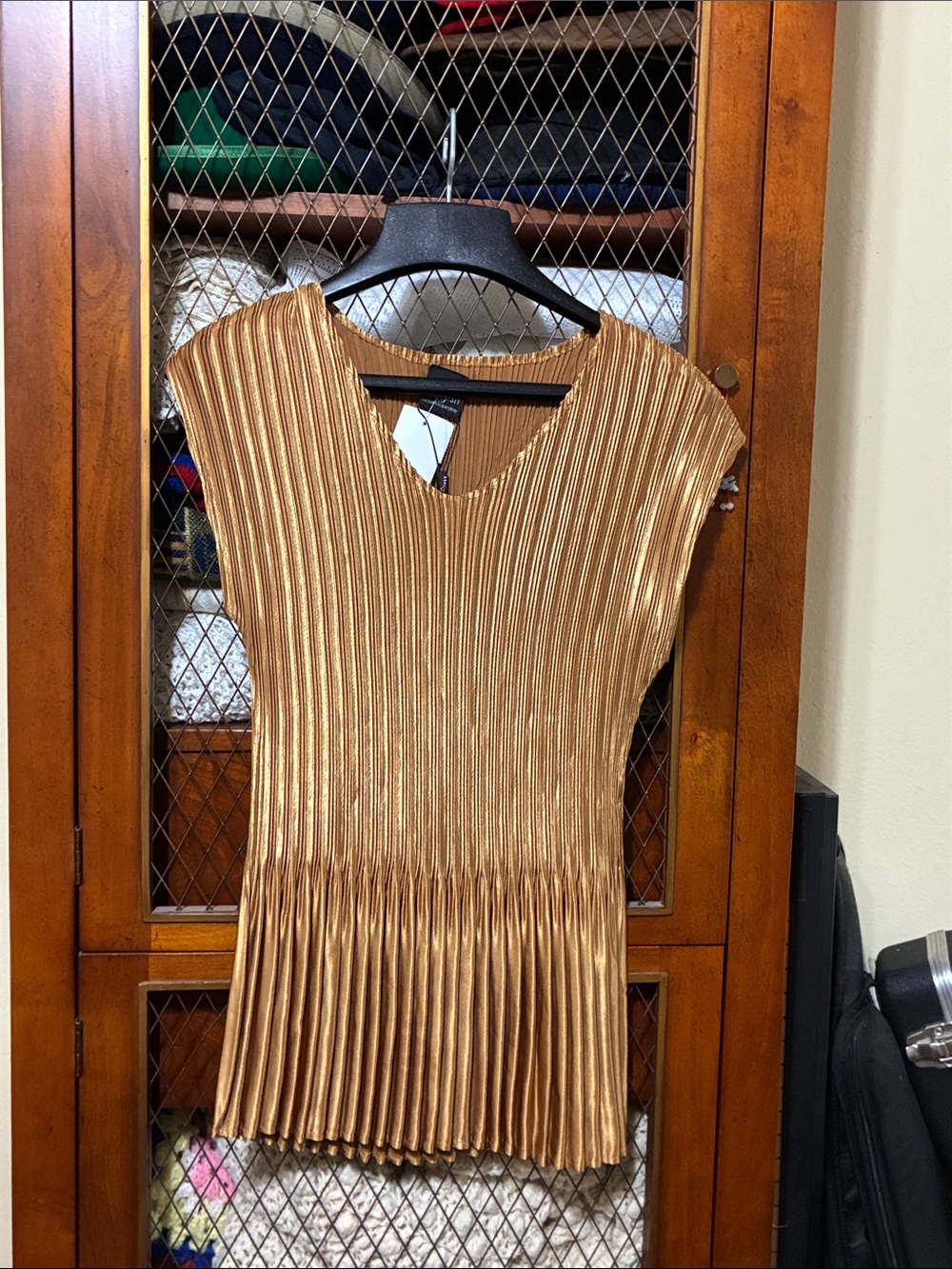 Metallic Bronze Pleated V-Neck Mini Dress